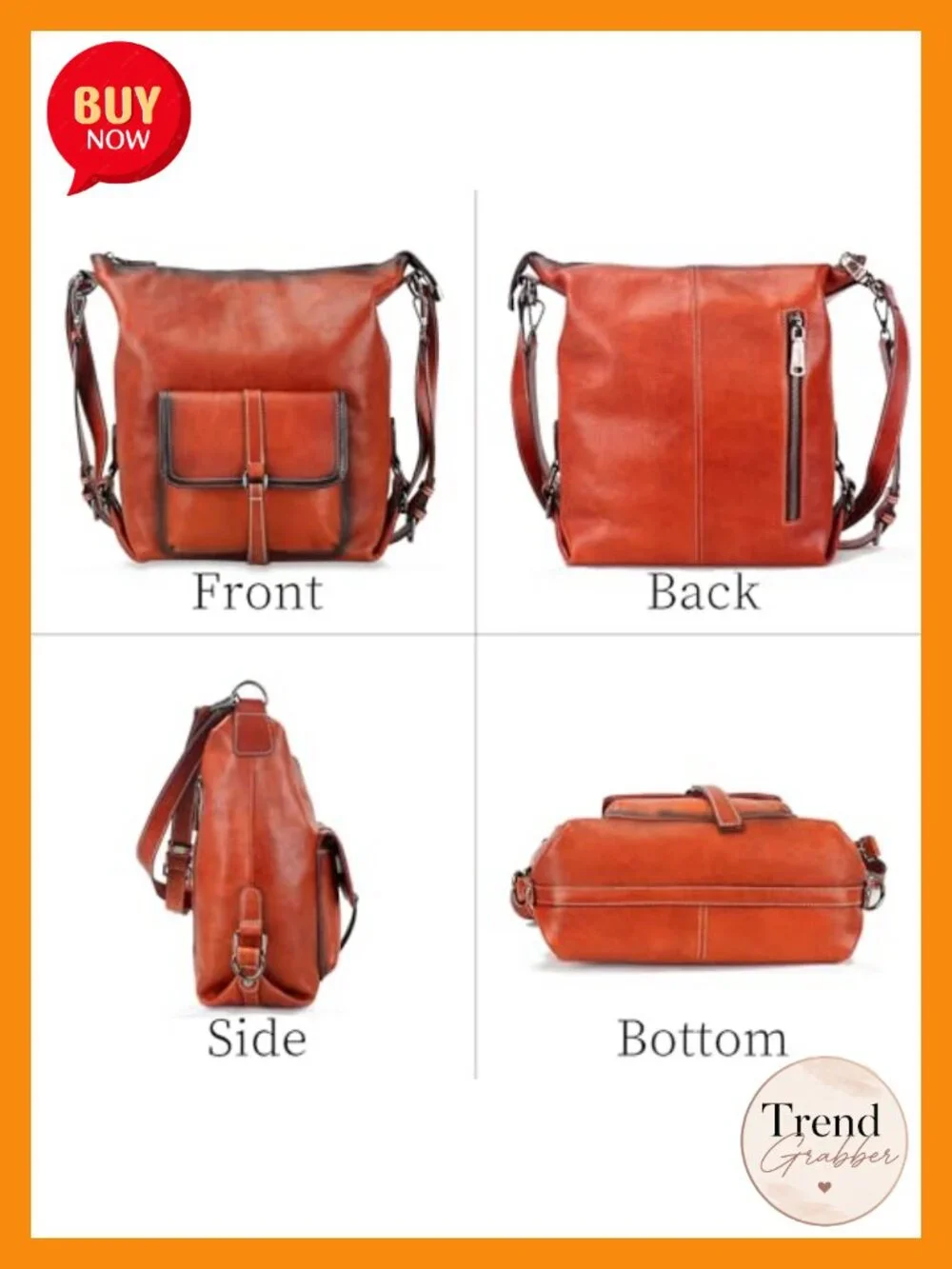 Genuine Leather 3-in-1 Hobo Bag Crossbody Backpack Purse Handbag